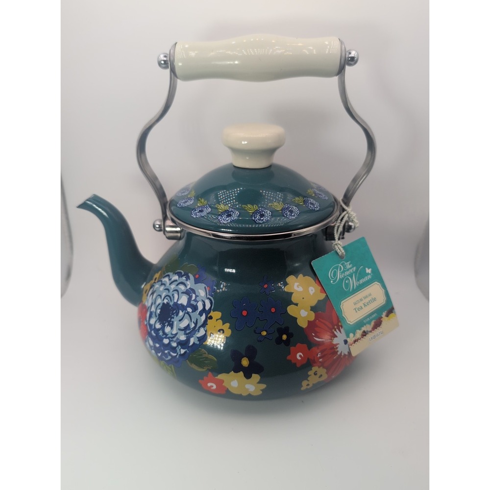 Pioneer Woman Dazzling Dahlias Teal Enamel Stove Top Kettle 1.9qt